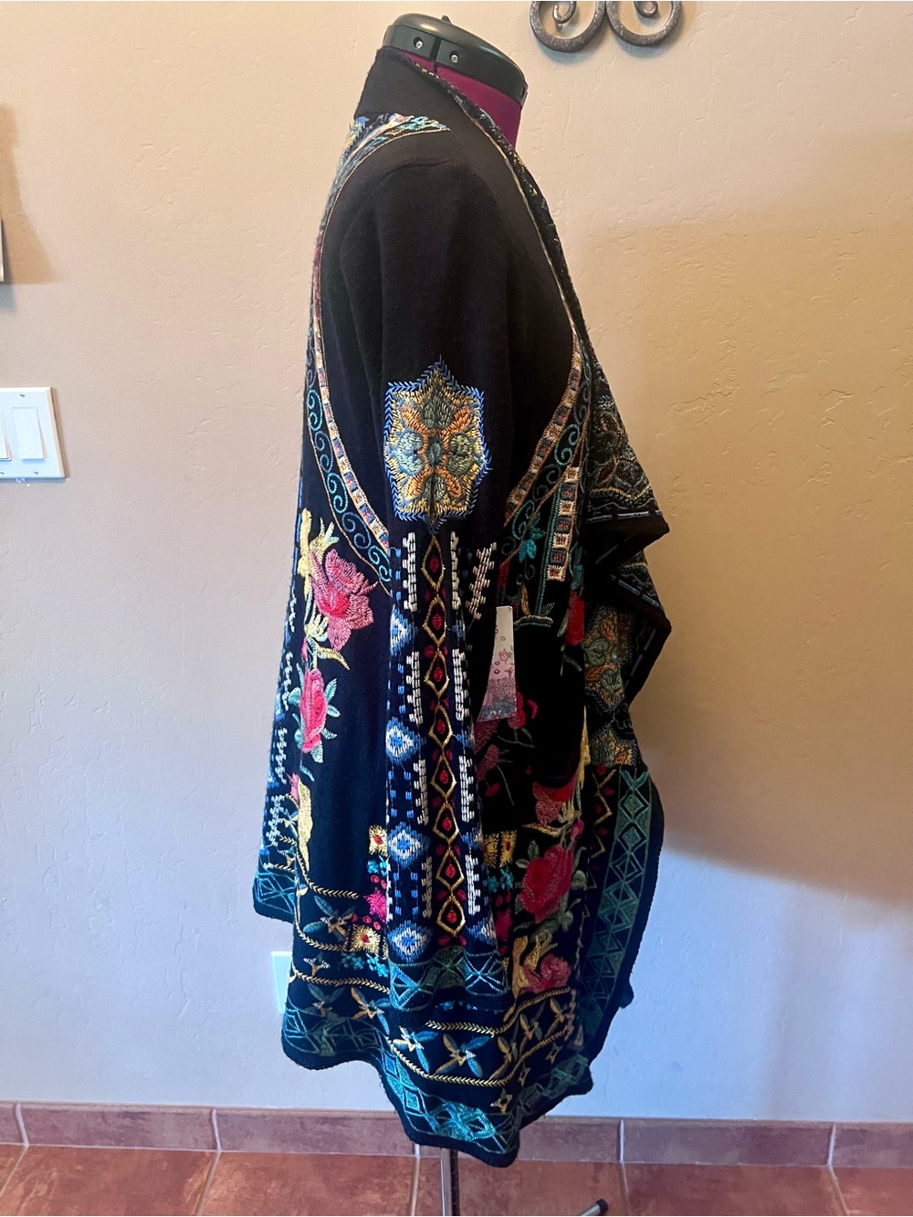 Johnny Was Nomad Embroidered Boho Duster Cardigan Sweater Black Multicolor Med - Picture 3 of 8